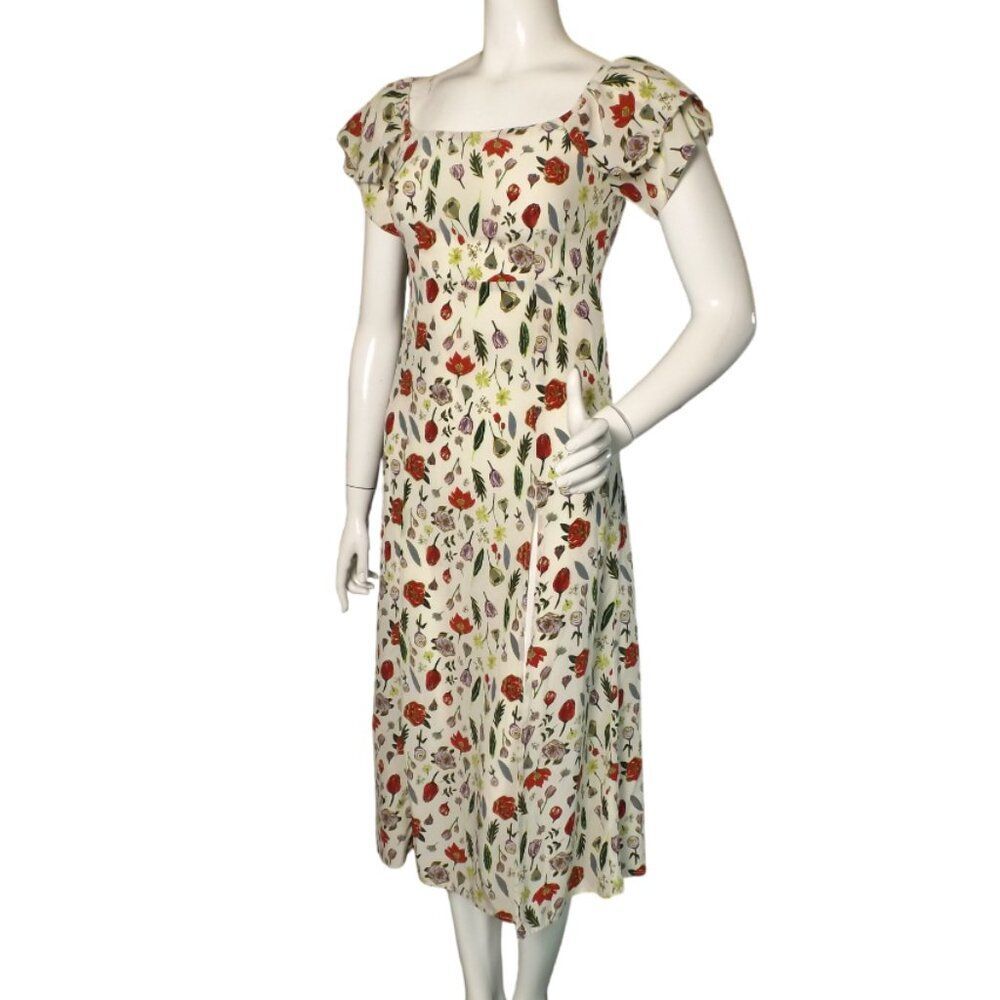 STONE COLD FOX Dress, 1/S, Silk Floral, Off Shoulder, HIGH slit/Vent, Midi, Zip - Picture 4 of 16